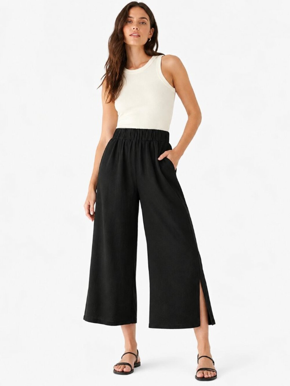 NWT Black Linen Blend Wide Leg Crop Pants XS Savvi Essential Resort Minimalist